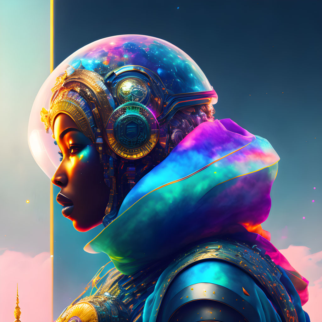 Colorful digital artwork: Woman in futuristic helmet with flowing garment on celestial background