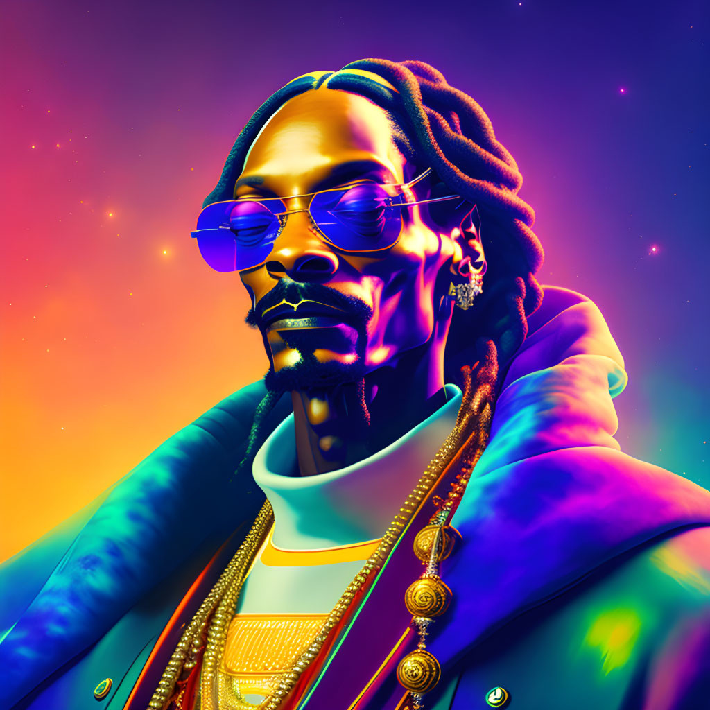 Colorful portrait of man with dreadlocks and sunglasses on neon background