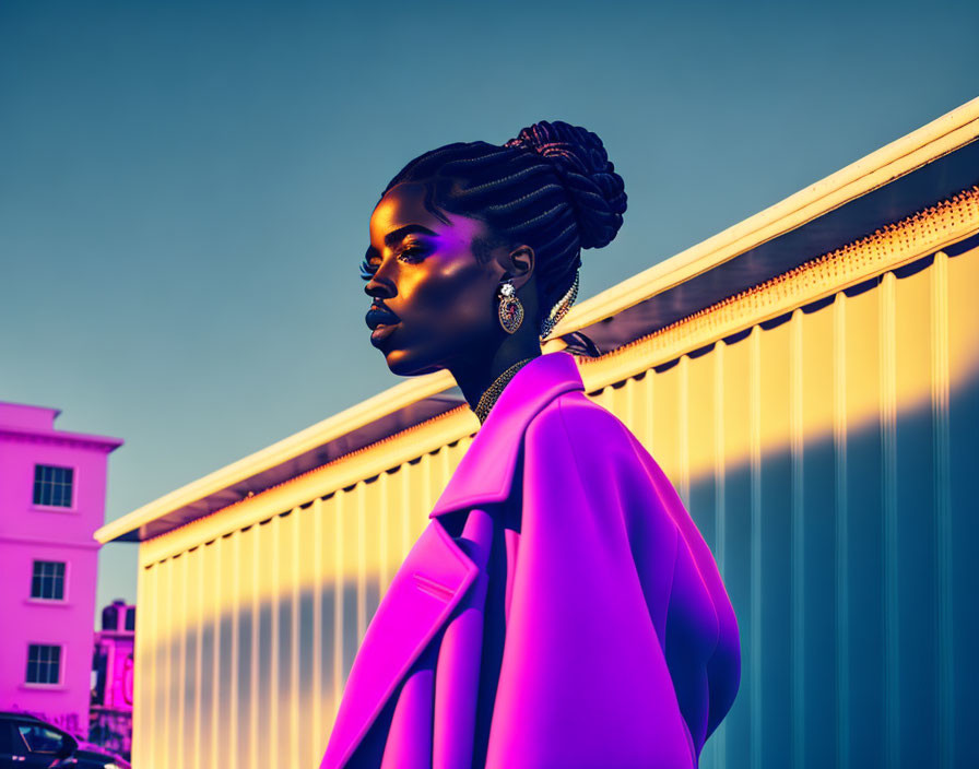 Woman with Striking Makeup and Purple Blazer in Elegant Updo