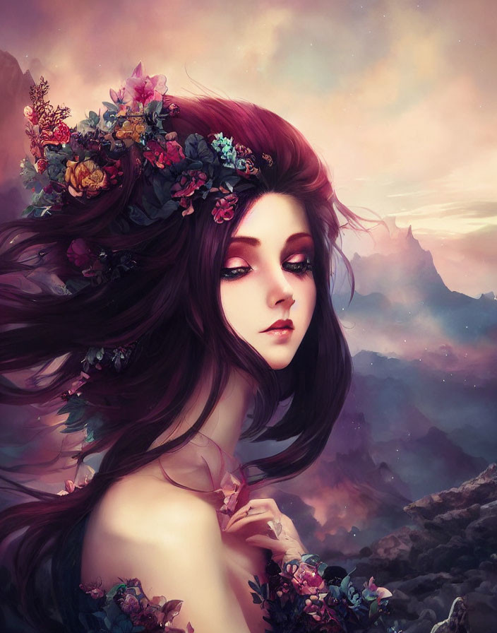 Vibrant flower-adorned woman in digital art against sunset mountains