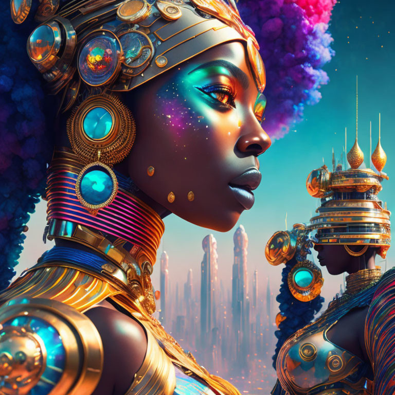 Futuristic African queen in golden armor against sci-fi cityscape