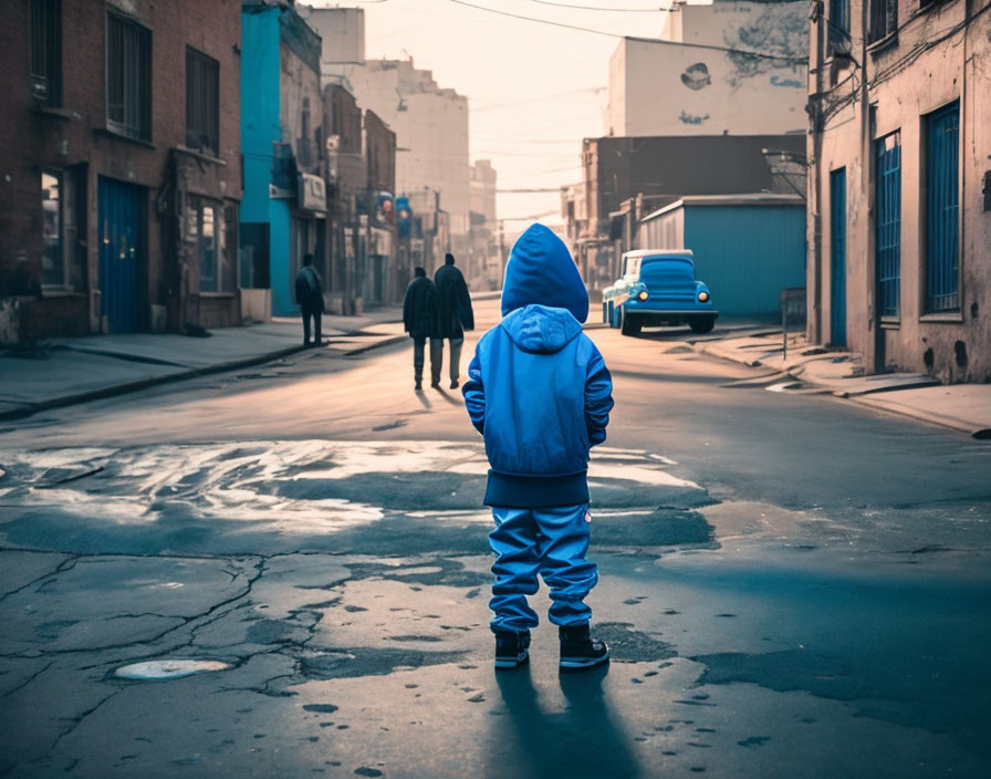 Child in blue hoodie observes man and vintage car in misty urban alley