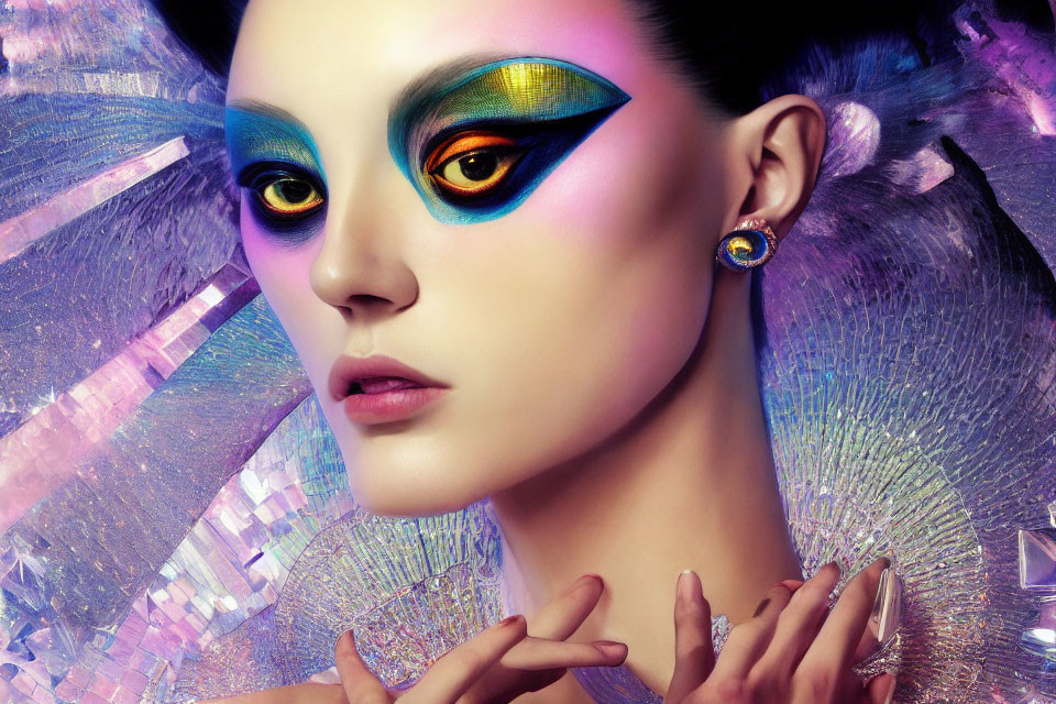 Vibrant multicolored makeup on woman in digital art portrait