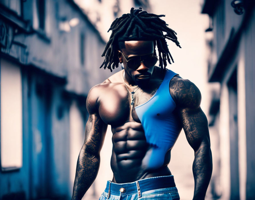 Muscular man with dreadlocks in sunglasses, jeans, and blue shoulder strap in alley