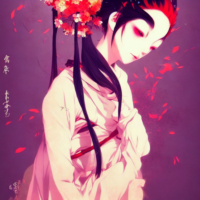 Illustration: Woman with Long Black Hair and Red Flowers in Traditional Asian Style