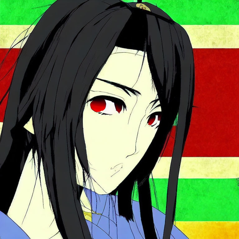 Detailed close-up of character with long black hair, red eyes, blue outfit, on striped green and