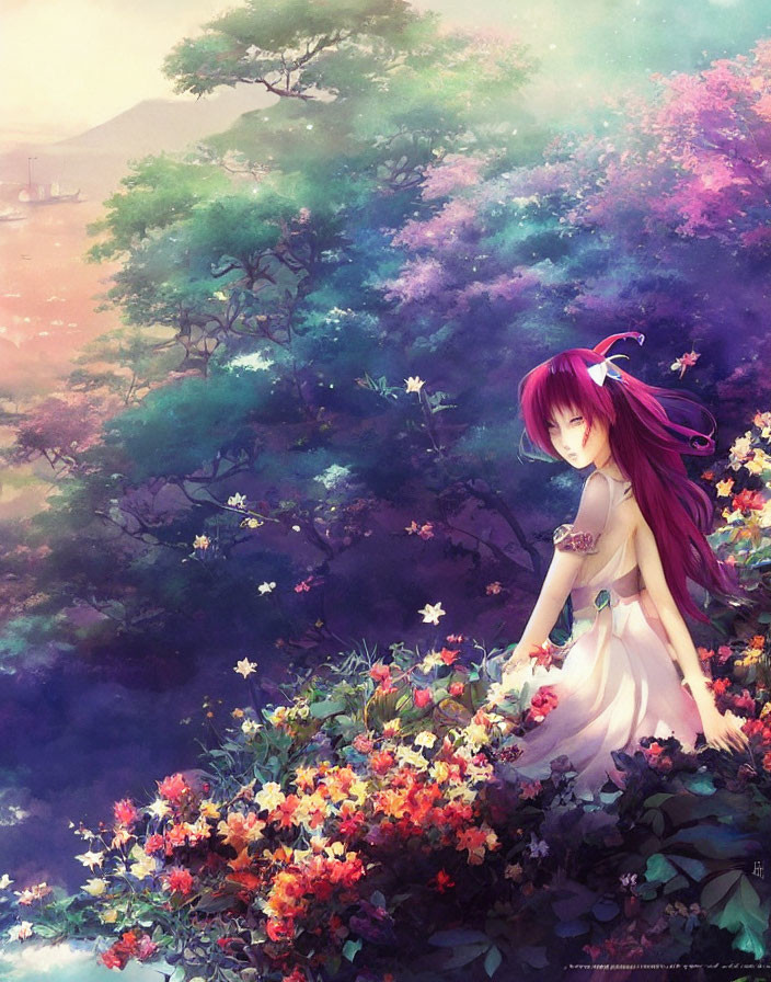 Purple-haired girl in white dress surrounded by colorful flora under pastel sky