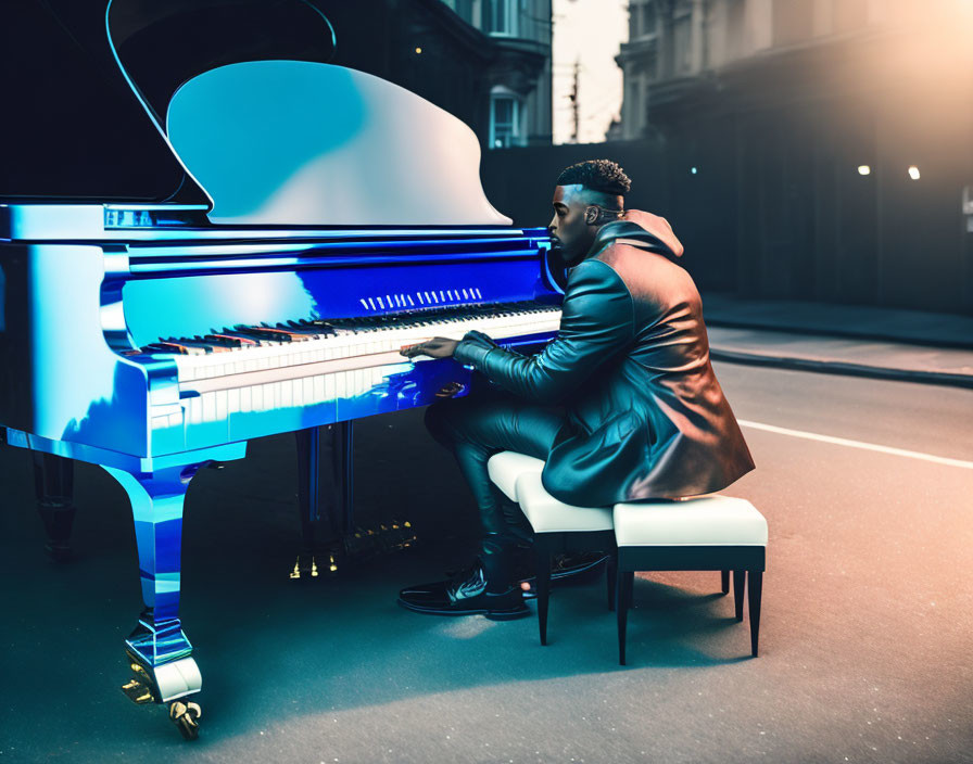 Person playing grand piano at twilight in cool blue hue