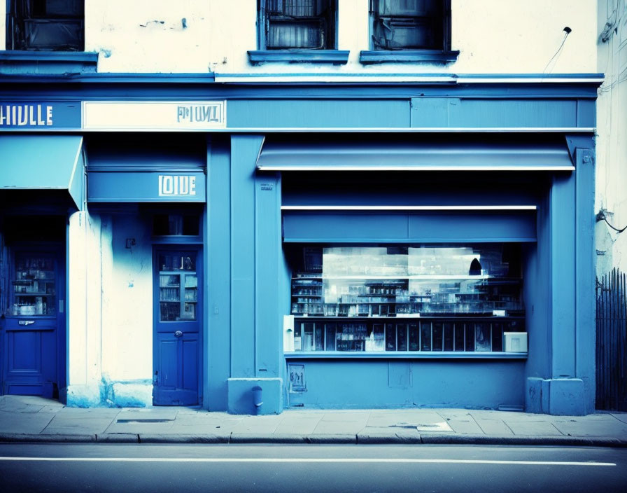 Blue storefront with empty display window and faded sign in cool monochrome tone