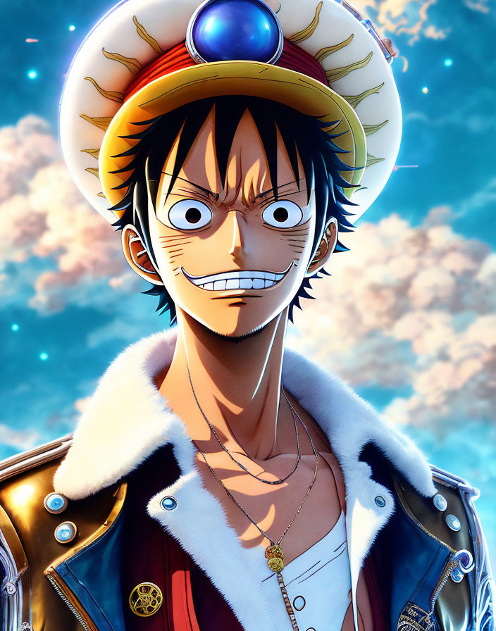 Enthusiastic animated character in straw hat and fur-collar jacket on cloudy sky backdrop