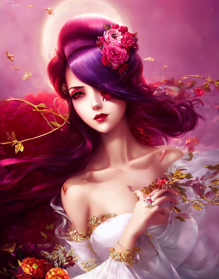 Illustrated Female Figure with Purple Hair and Floral Adornments in Vibrant Pink and Red Setting