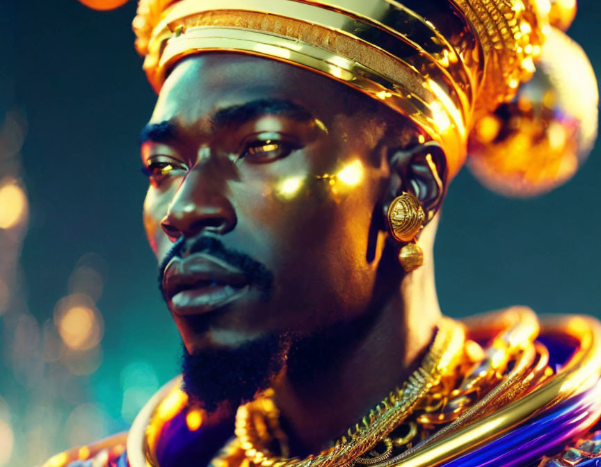 Bearded man in golden crown and jewelry under warm glowing lights