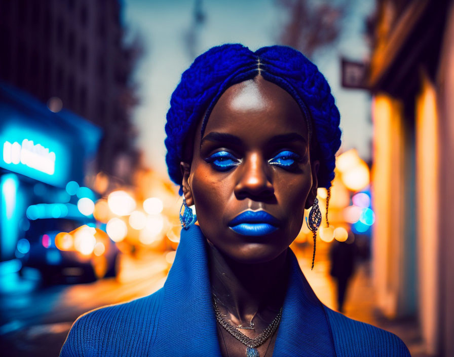 Woman in Blue Lipstick and Headwrap Poses in City Street Night Scene