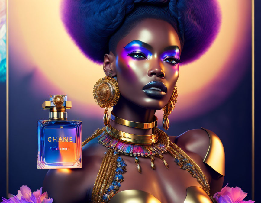 Colorful digital artwork: Woman with blue makeup and gold jewelry near Chanel perfume