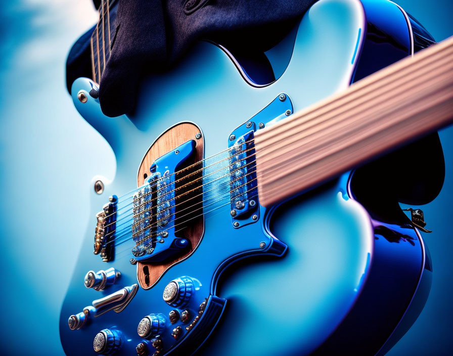 Blue Electric Guitar Close-Up: Body, Strings, Pickups, and Control Knobs