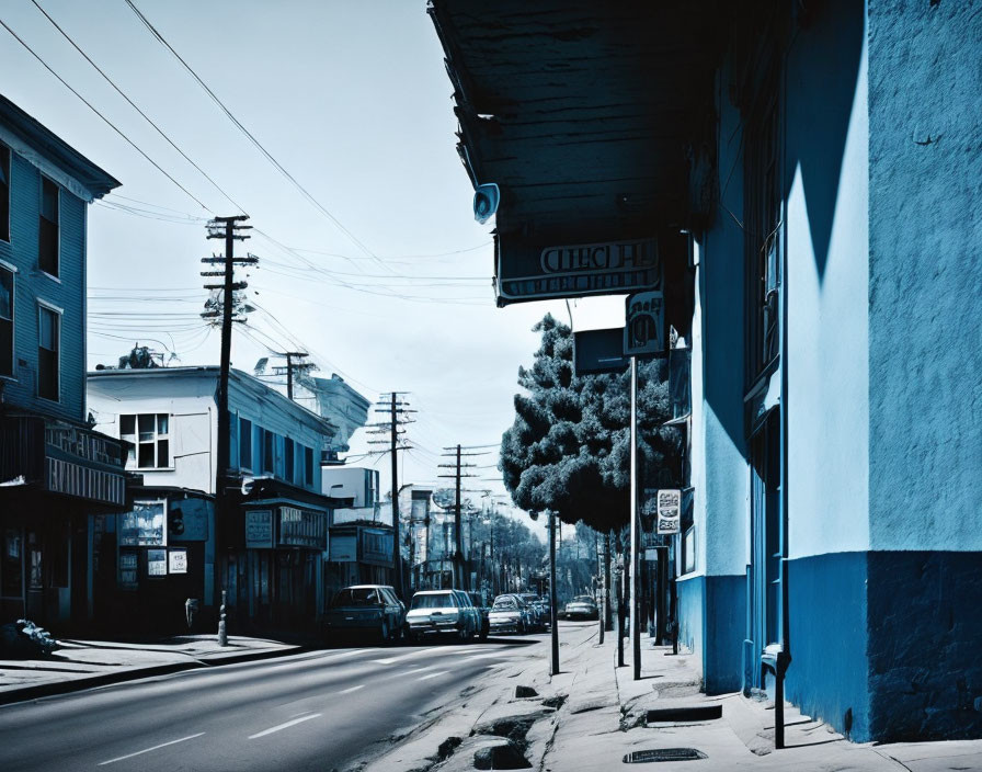 Desaturated Street View with Dominant Blue Hue and Parked Cars