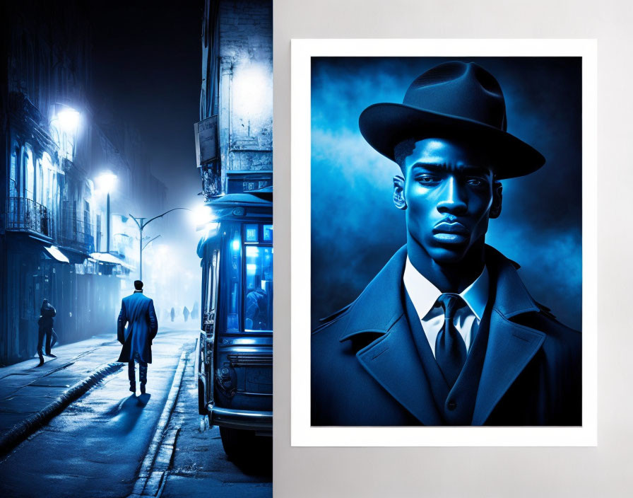 Man in trench coat walking on misty blue street with portrait inset.