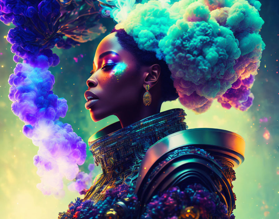 Colorful makeup and futuristic attire in dreamy scene