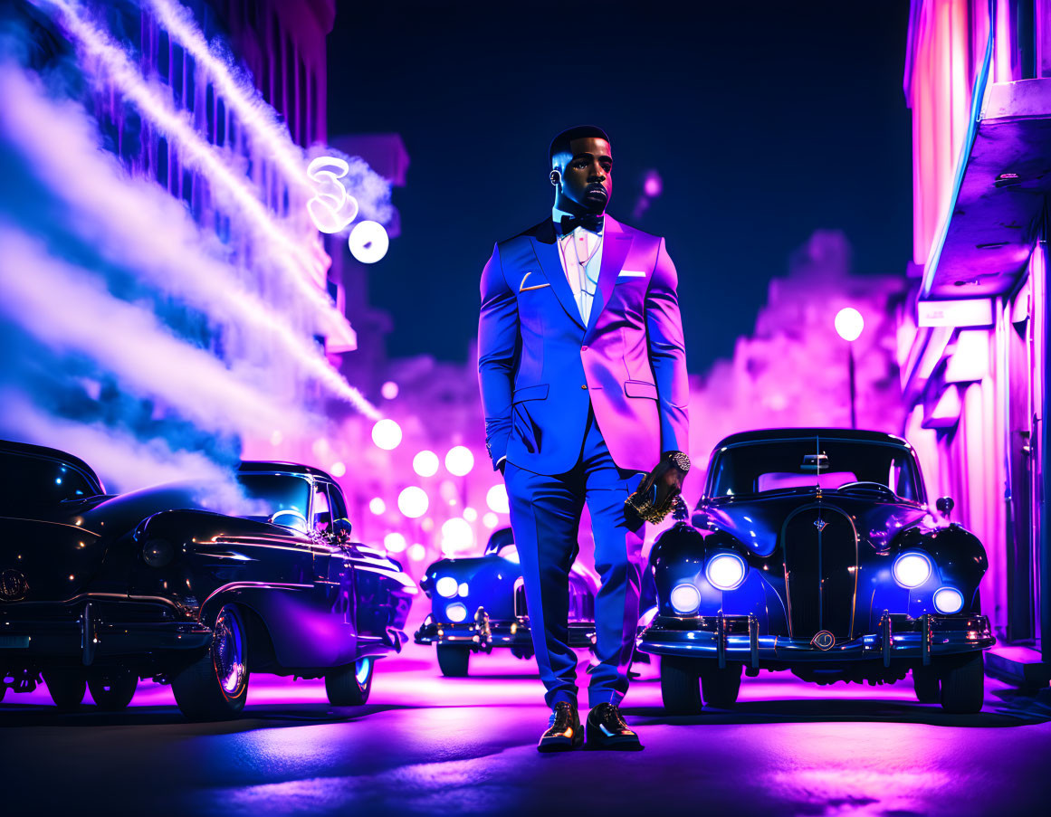 Confident man in blue suit on vibrant street with classic cars and neon lights