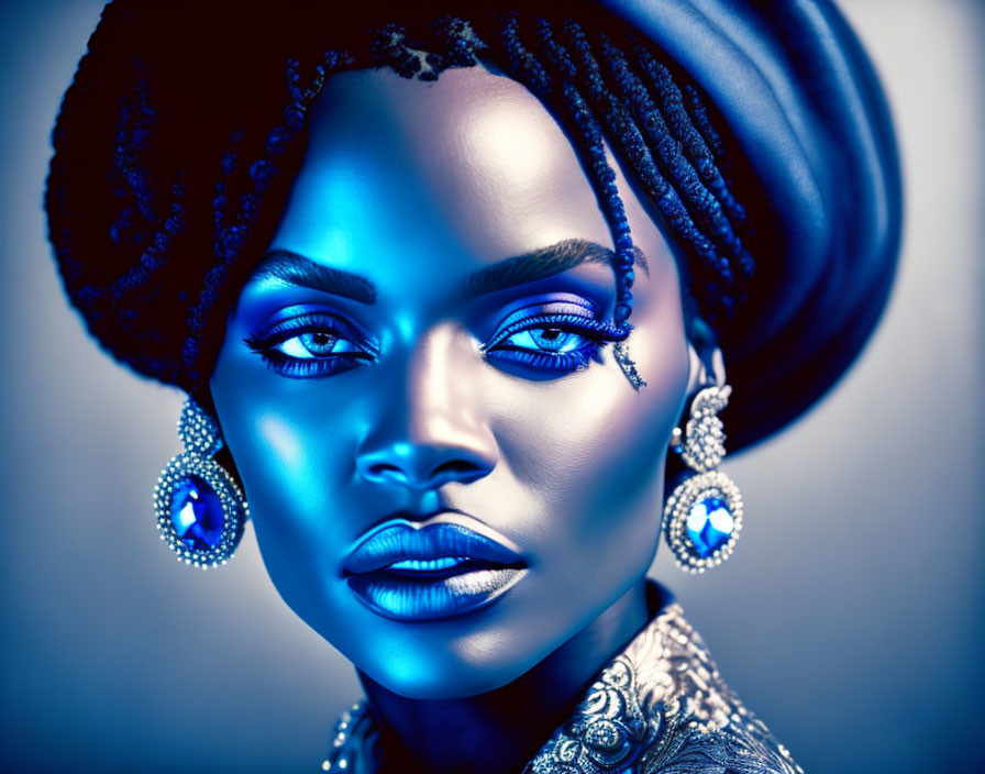 Striking blue makeup and stylish headwrap on a woman pose with captivating gaze