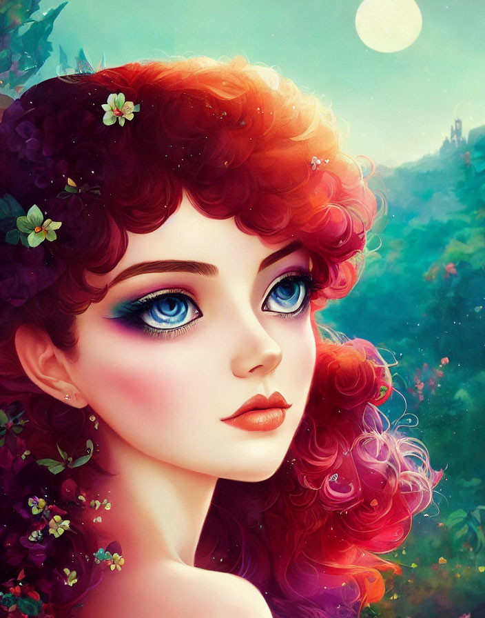 Illustration of woman with red hair and blue eyes in floral setting