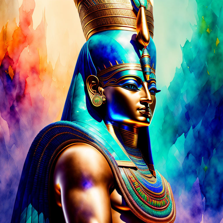 Colorful Egyptian Pharaoh Artwork with Traditional Headdress and Jewelry