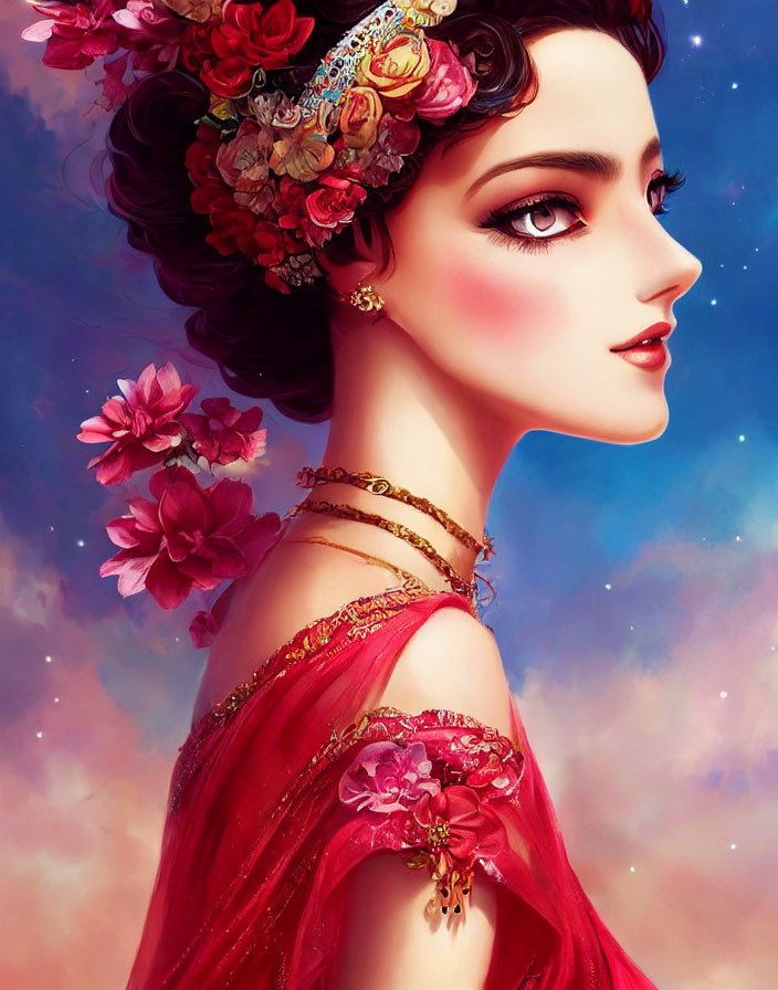 Illustrated portrait of woman in floral headpiece, red attire, and jewelry against starry sky.