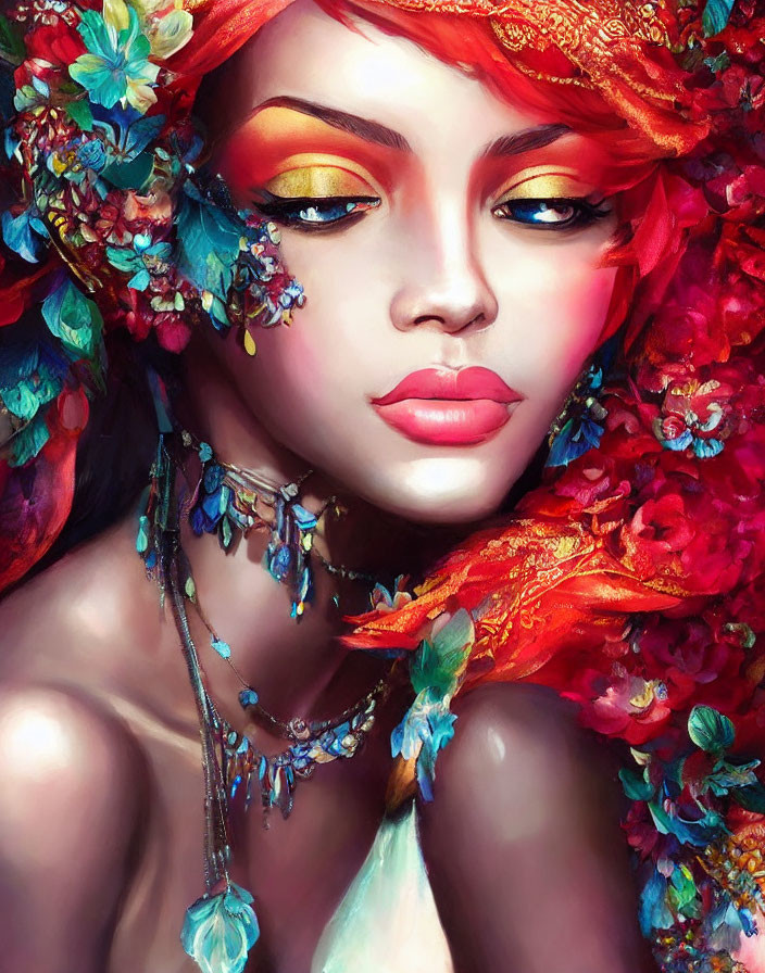 Vibrant red headwear and makeup with colorful flowers and jewelry on a woman.