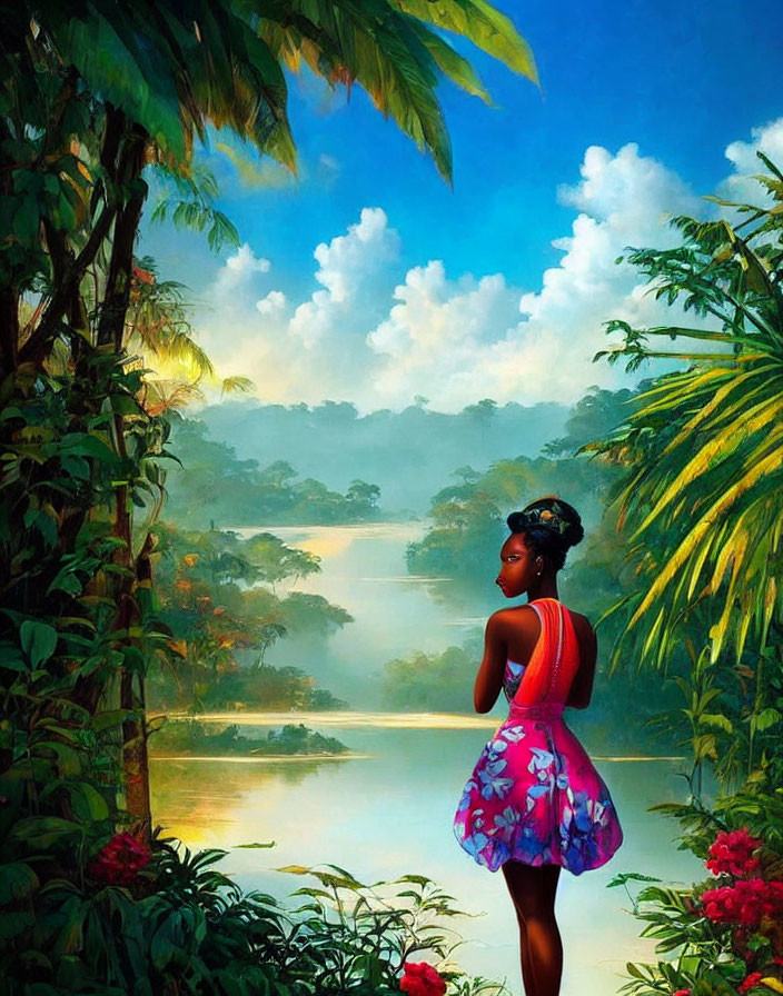 Woman admires tranquil river in lush jungle with vibrant foliage.