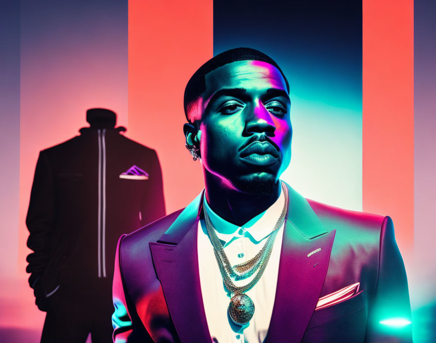 Stylish man in suit with neon lights & silhouette in background