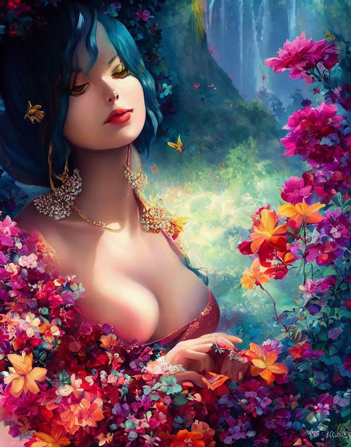 Colorful artwork: Woman with blue hair in floral fantasy scene