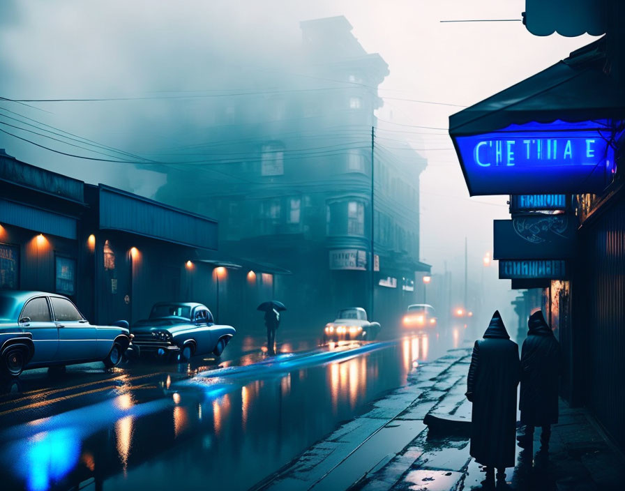 Vintage cars and silhouettes in neon-lit street scene