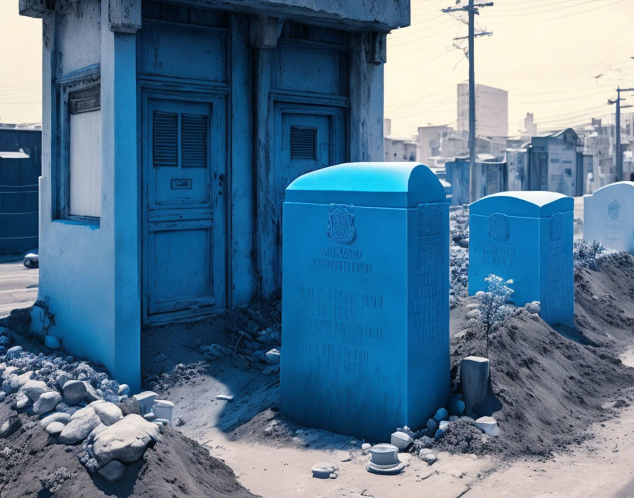 Blue-tinted image of small building with shutters and blue postal box in dusty surroundings