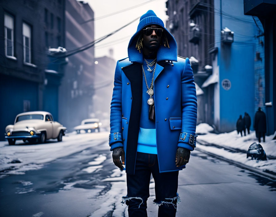 Fashionable individual in blue attire on snowy vintage street.