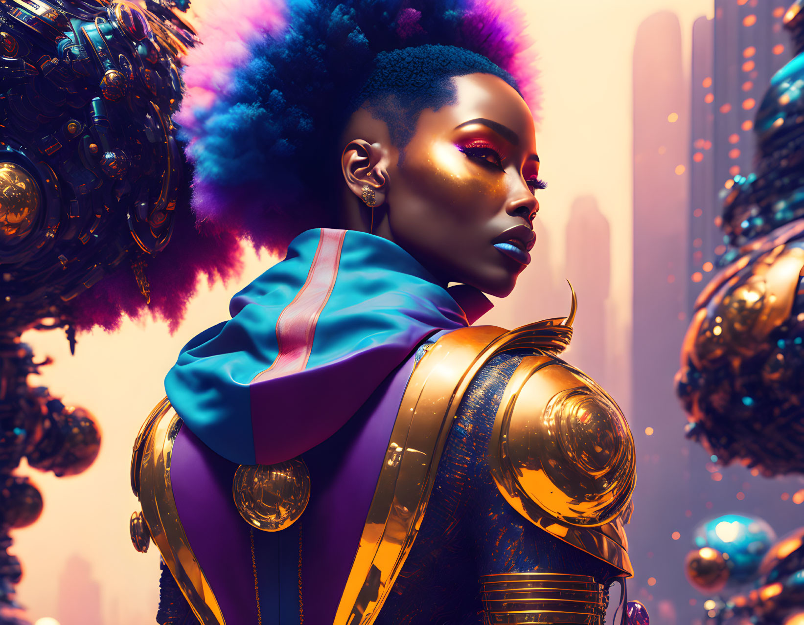 Futuristic woman with striking makeup in gold and blue outfit against surreal backdrop