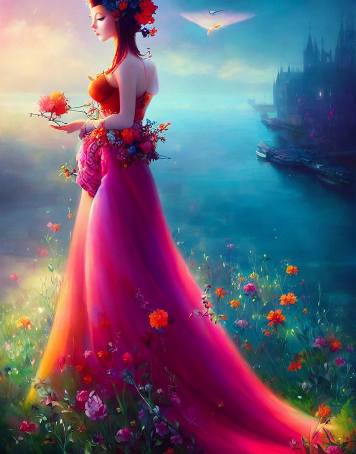 Woman in Pink Dress Surrounded by Flowers in Field with Castle and Boat