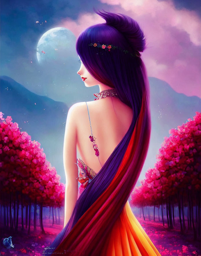 Stylized illustration of woman with purple and orange hair in moonlit landscape