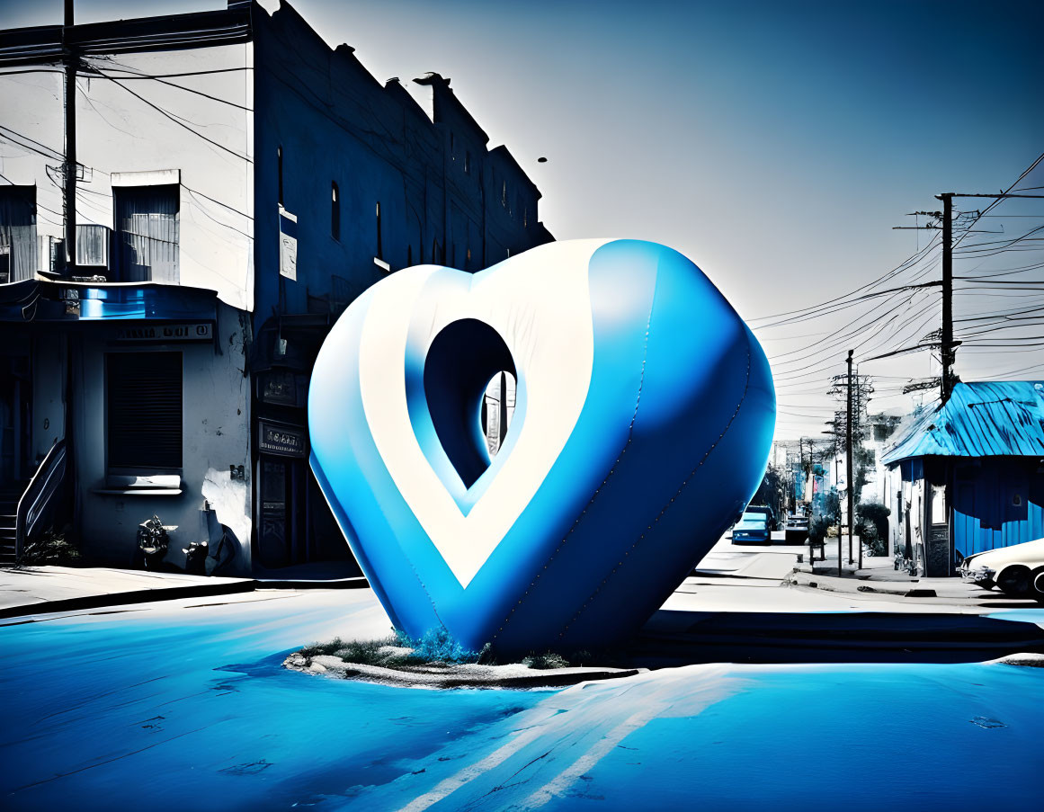 Blue heart sculpture with center hole on urban street casts wavy shadow