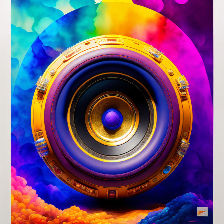 Colorful Speaker Illustration with Abstract Soundwave Background