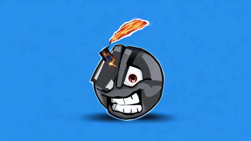 Cartoon Bomb with Menacing Face on Blue Background