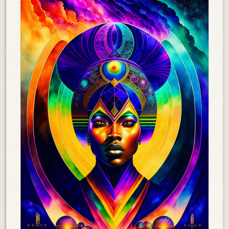 Colorful Artwork: Woman with Elaborate Headgear and Cosmic Background