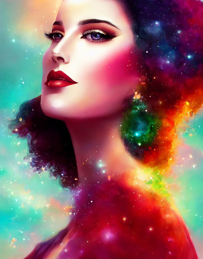 Colorful digital portrait of a woman with cosmic starfield hair and rich colors.