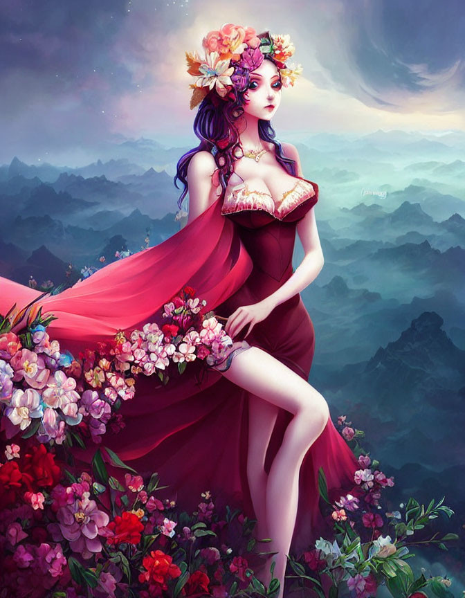 Violet-haired woman in red dress with flower crown in lush mountain landscape