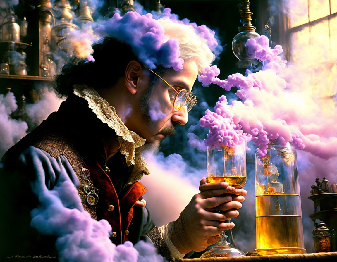 Historical figure in ruffled collar with glass vial in alchemist's lab