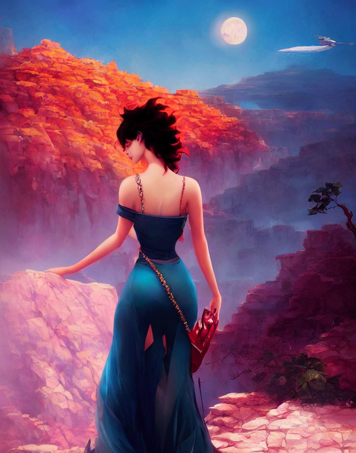 Woman in Blue Dress on Cliff with Fantastical Landscape and Moon