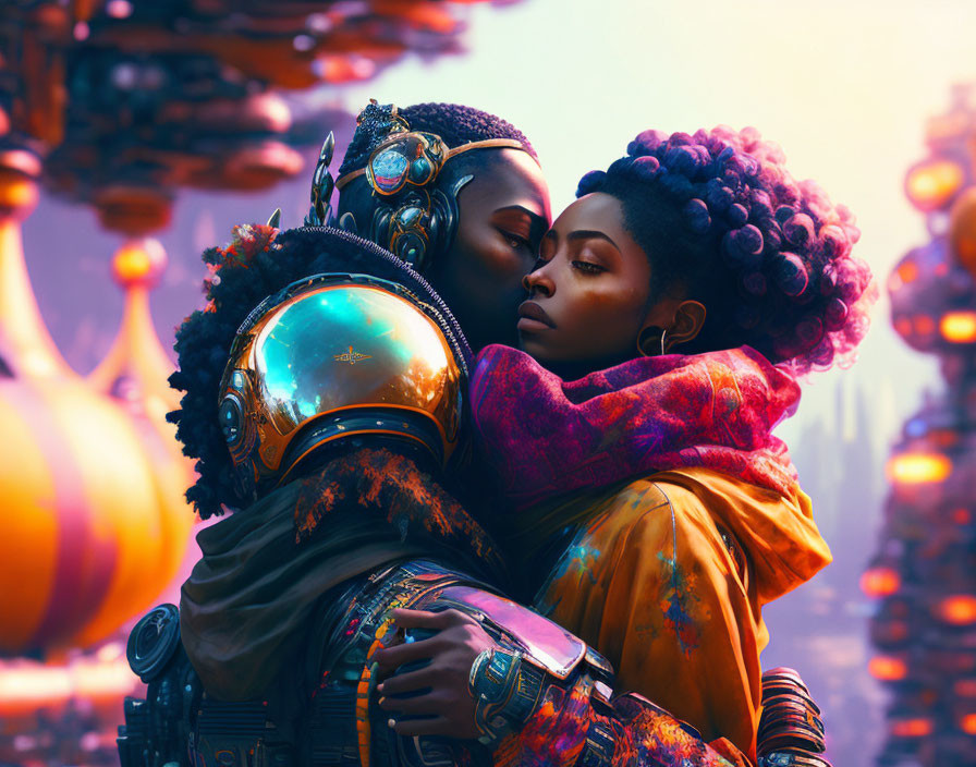 Futuristic digital artwork: intimate embrace in colorful cityscape