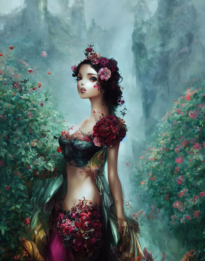 Woman with floral elements in misty landscape