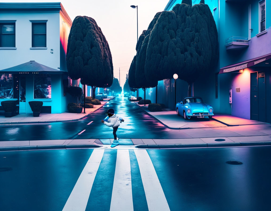 Pedestrian crossing urban street at twilight with vintage cars and streetlights.