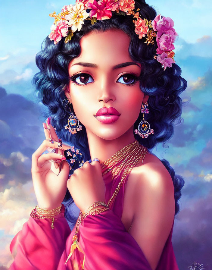 Illustration of woman with voluminous blue hair, floral crown, earrings, and pink dress.