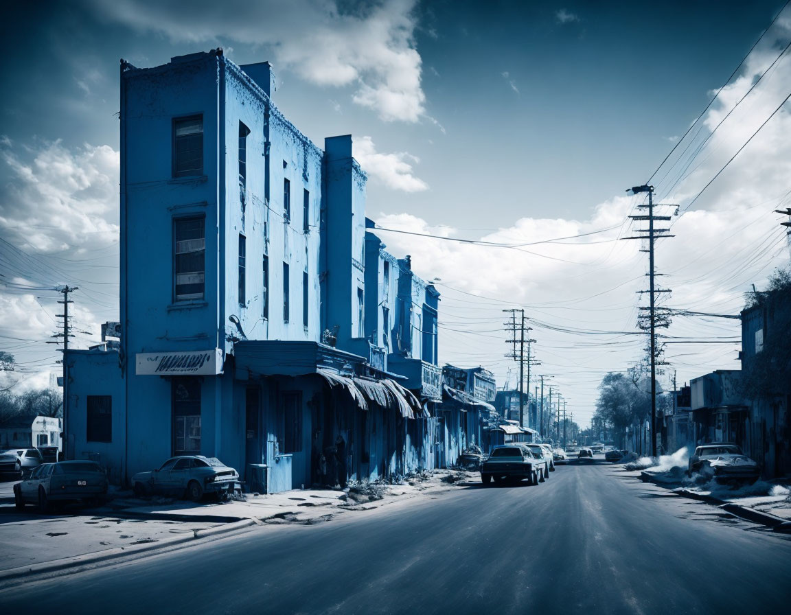 Desaturated street scene: old blue buildings, parked cars, cloudy sky.